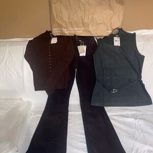 Mango Brown and Gray Women's Flare Pants Set w cardigan and top bundle NWT